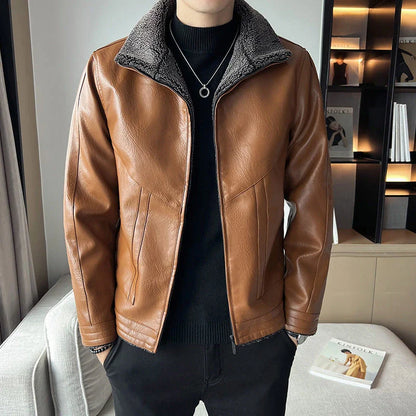 Premium plus-size leather jacket in classic Hong Kong style with velvet padding for exceptional comfort and warmth