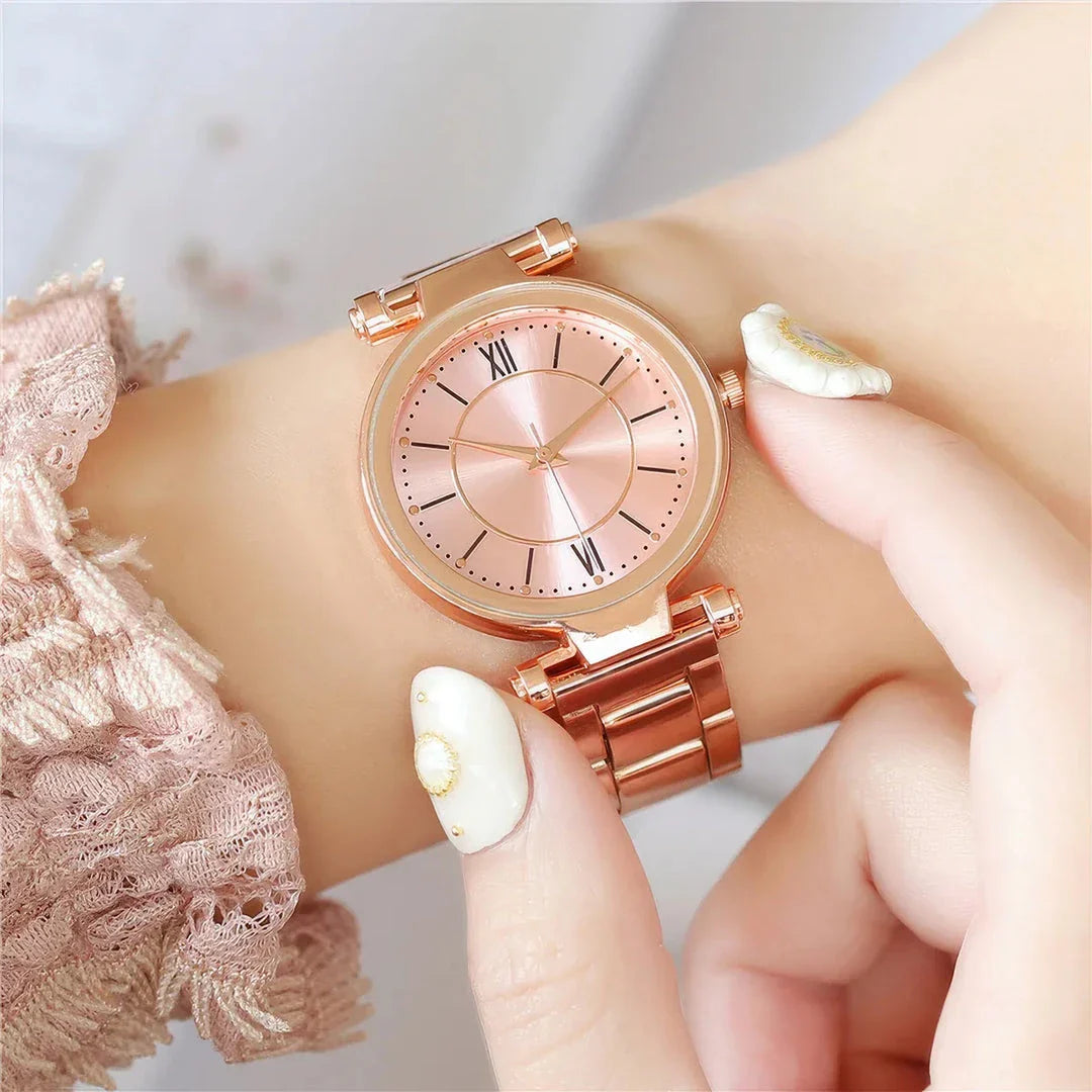 Exquisite rose gold stainless steel ladies' quartz watch with a classic, elegant design
