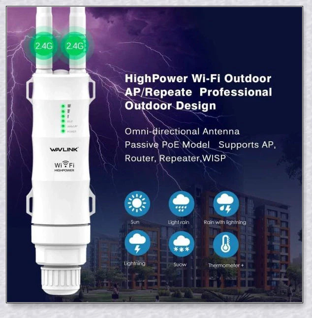 Rugged outdoor Wi-Fi extender with weatherproof housing and omnidirectional antennas for reliable wireless connectivity
