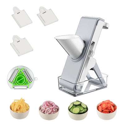 Adjustable Mandoline Slicer with interchangeable blades for slicing, chopping, and cutting vegetables and fruits