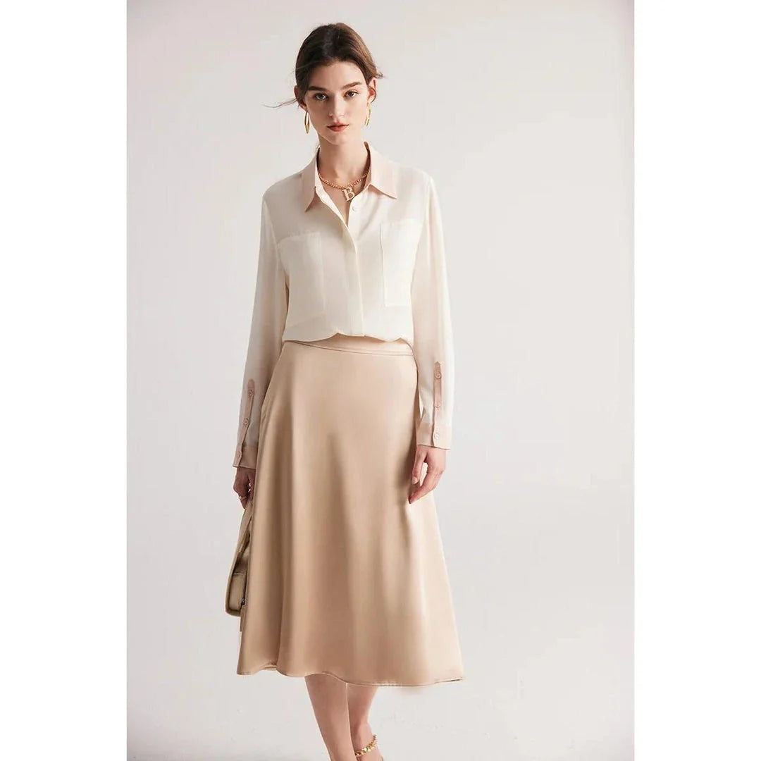 Refined Mulberry Silk Crepe de Chine Blouse in White, Ivory, Navy, and Black colours, featuring elegant patchwork design and turn-down collar for versatile office and casual wear.