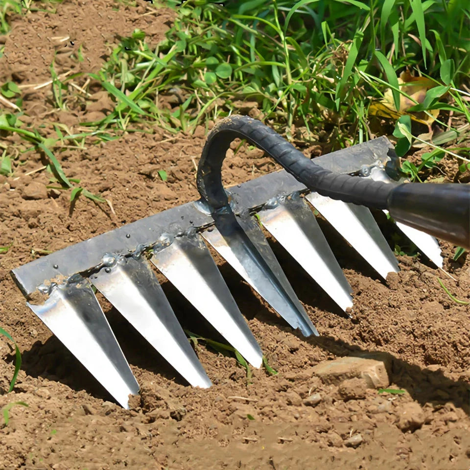 Premium multi-purpose gardening hoe with high carbon steel construction and a range of tooth count options for versatile weeding and soil preparation tasks