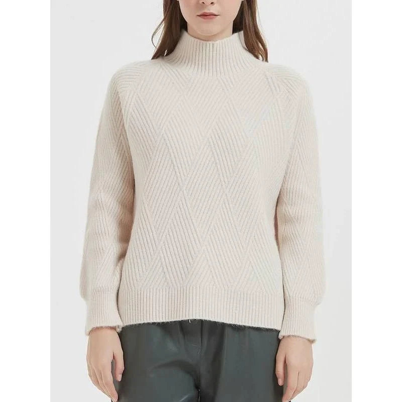A cosy and stylish knitted turtleneck sweater in a classic beige colour, perfect for layering during the autumn and winter seasons.