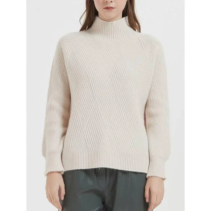 A cosy and stylish knitted turtleneck sweater in a classic beige colour, perfect for layering during the autumn and winter seasons.