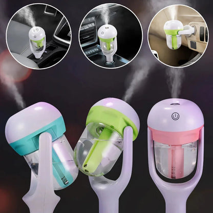 Compact mini car steam humidifier and aroma diffuser with pink colour, designed to improve air quality and promote relaxation in your vehicle