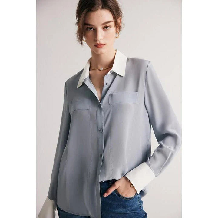 Sophisticated 100% Mulberry silk crepe de chine dress shirt for stylish women in the UK, offering elegance, comfort and versatility.