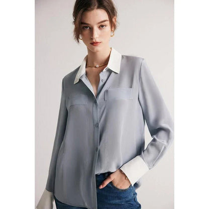 Sophisticated 100% Mulberry silk crepe de chine dress shirt for stylish women in the UK, offering elegance, comfort and versatility.