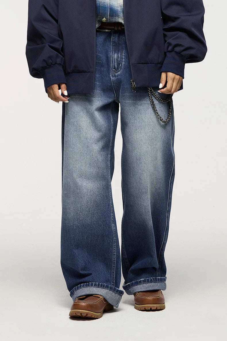 Men's Washed Blue 3D Cut Wide Leg Jeans with micro-elasticity and relaxed straight-leg fit