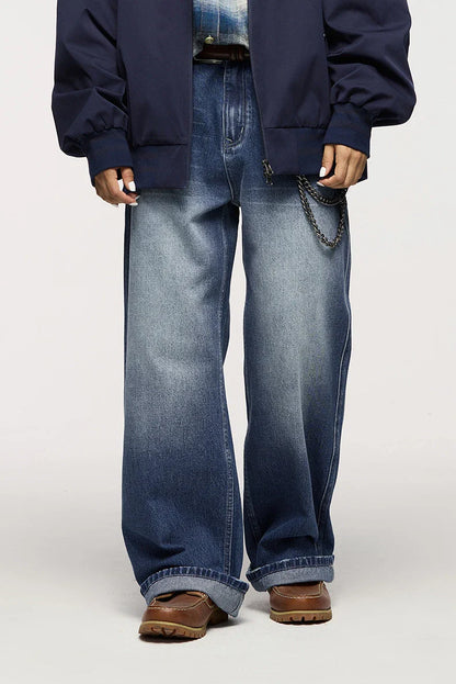 Men's Washed Blue 3D Cut Wide Leg Jeans with micro-elasticity and relaxed straight-leg fit