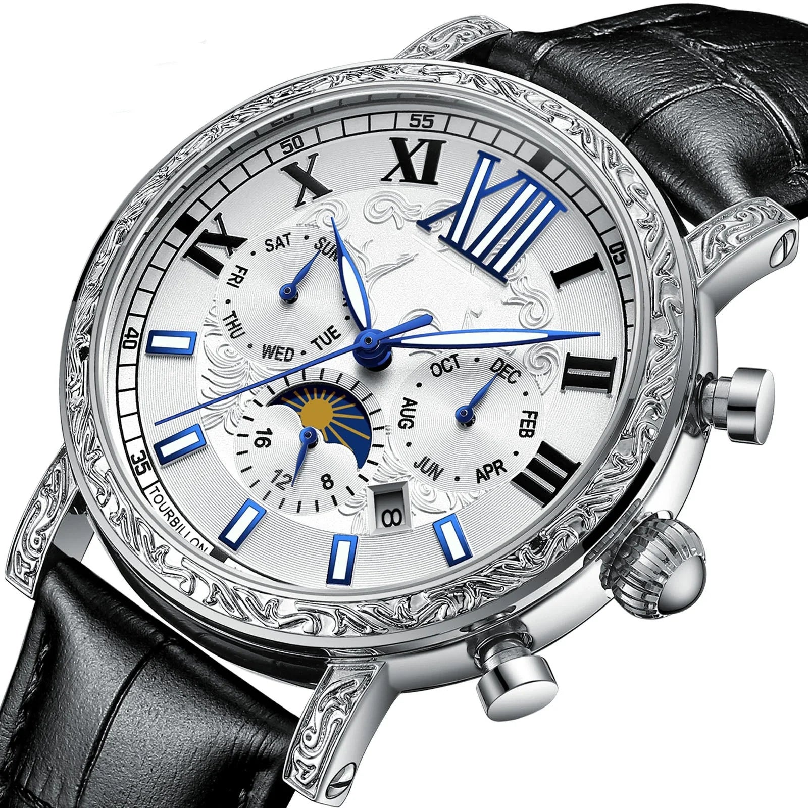 Luxury automatic mechanical watch with night glow, lunar phase indicator, and genuine leather strap