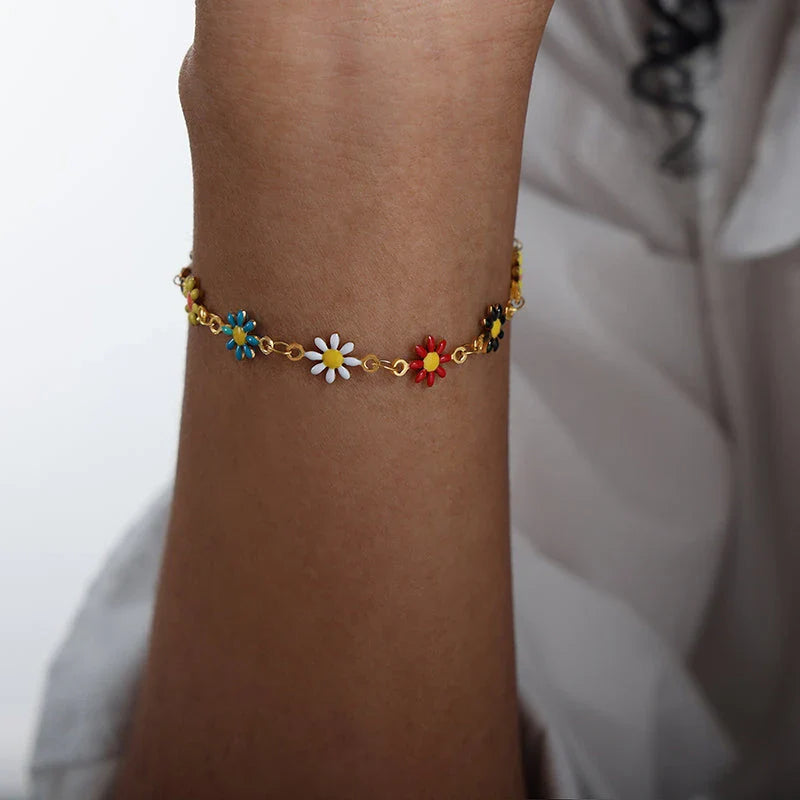 Bohemian-inspired stainless steel flower necklace and bracelet set in vibrant colours