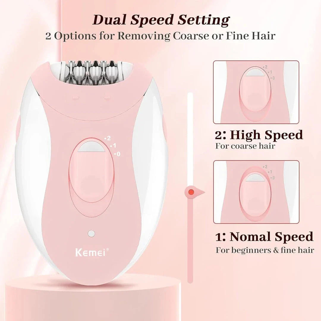 Cordless rechargeable women's epilator with pink body, designed for smooth and effortless hair removal on the face, legs, bikini area, underarms and arms