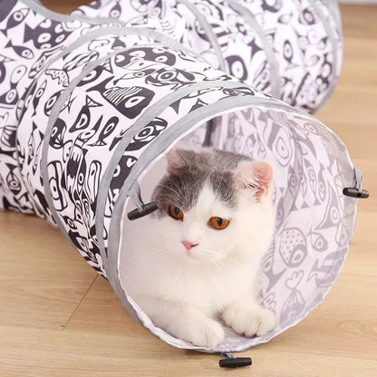 Foldable interactive pet tunnel made of durable polyester in black and white, designed for cats, rabbits, and other small animals to explore and play