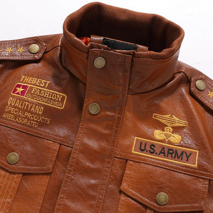 Premium leather jacket for men in slim-fit and short style with stand-up collar and multiple pockets