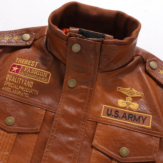Premium leather jacket for men in slim-fit and short style with stand-up collar and multiple pockets