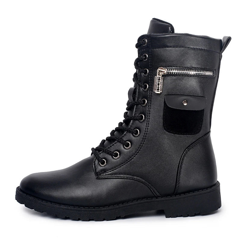 Premium mid-calf fleece-lined Martin boots for men, featuring a sleek square heel design and classic car stitch pattern in a durable black colour