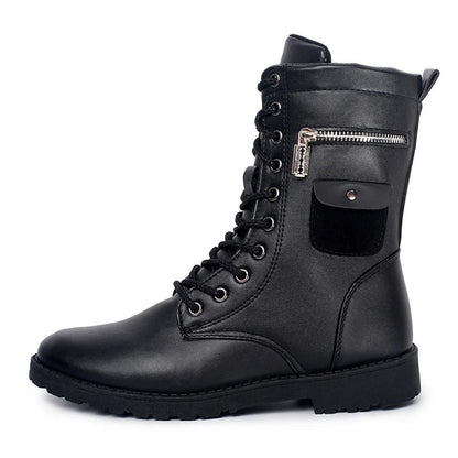 Premium mid-calf fleece-lined Martin boots for men, featuring a sleek square heel design and classic car stitch pattern in a durable black colour