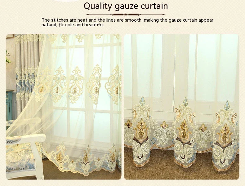 Elegant European-style embroidered mesh curtains in beige and grey shades, providing high sun protection and a modern, minimalist design.