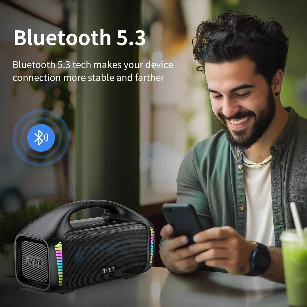 Premium 90W outdoor Bluetooth speaker with powerful sound, 30-hour playtime, and mesmerizing LED lights
