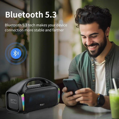 Premium 90W outdoor Bluetooth speaker with powerful sound, 30-hour playtime, and mesmerizing LED lights