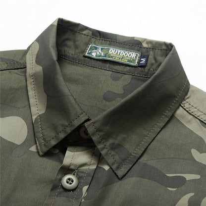 Men's long sleeve casual overalls shirt in army green, khaki, and grey colours with Japanese-inspired lapel design