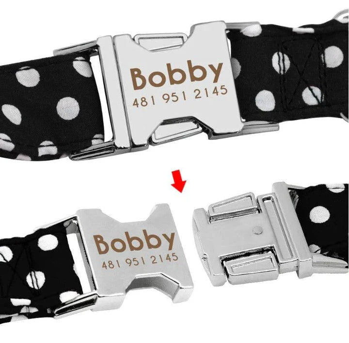 Premium polka dot dog collar made of durable nylon, adjustable for a comfortable fit on dogs of all sizes