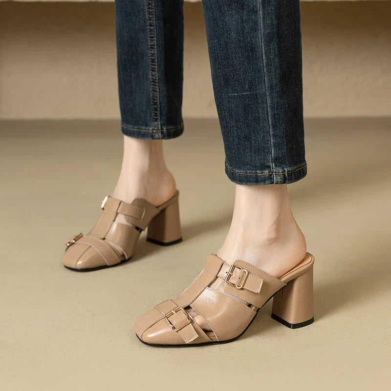 Exquisite embroidered leather high heel slippers in khaki colour, showcasing intricate detailing and a stable square heel design for stylish summer wear