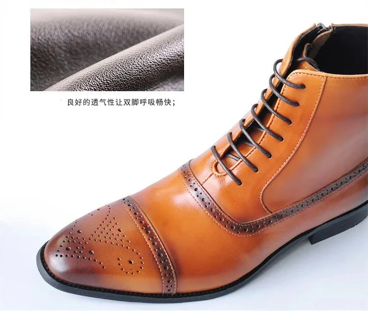 Premium leather casual boots for men with pointed toe and wedge heel design, perfect for British style and comfort