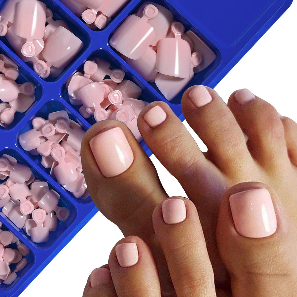 Elegant short square press-on toenails in vibrant pink, red, and nude shades for a polished and convenient pedicure