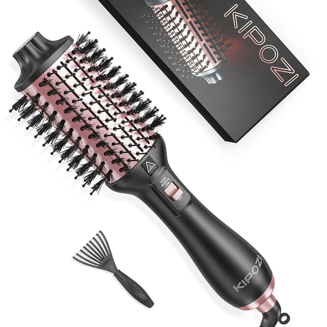 4-in-1 hot air styling brush with oval brush design for creating voluminous curls and reducing frizz