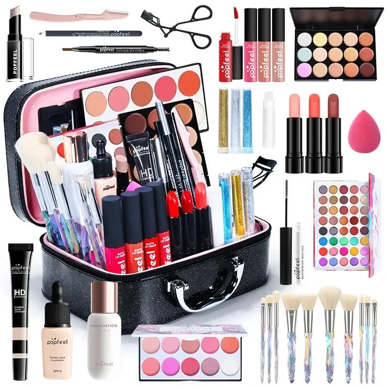 Premium makeup essentials set for novice beauty enthusiasts, including foundation, eyeshadow, lipstick, and other cosmetic products in natural, neutral shades