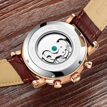 Automatic mechanical watch with genuine leather strap, featuring a stylish hollow-out dial design