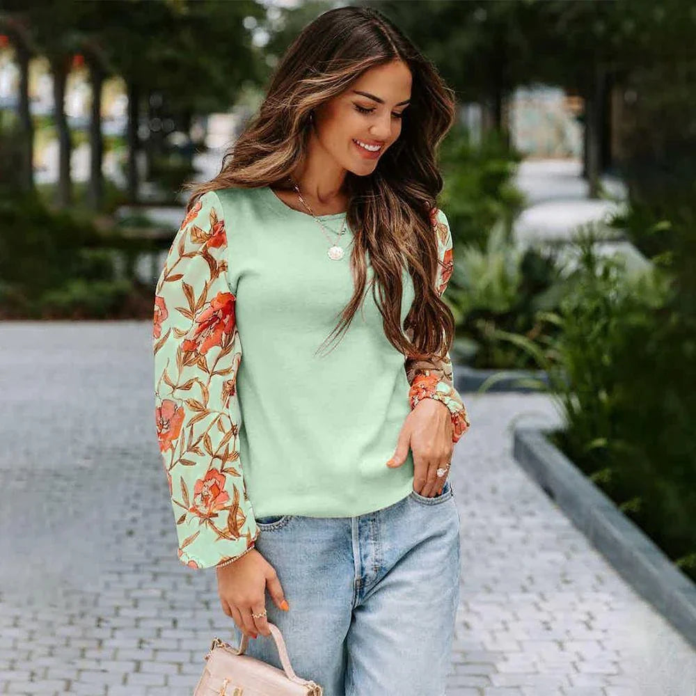 Stylish printed lantern sleeve casual top in various vibrant colours, perfect for the modern British woman's wardrobe