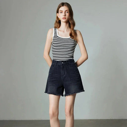 Vintage-inspired high-waisted denim shorts with tassel detailing for women
