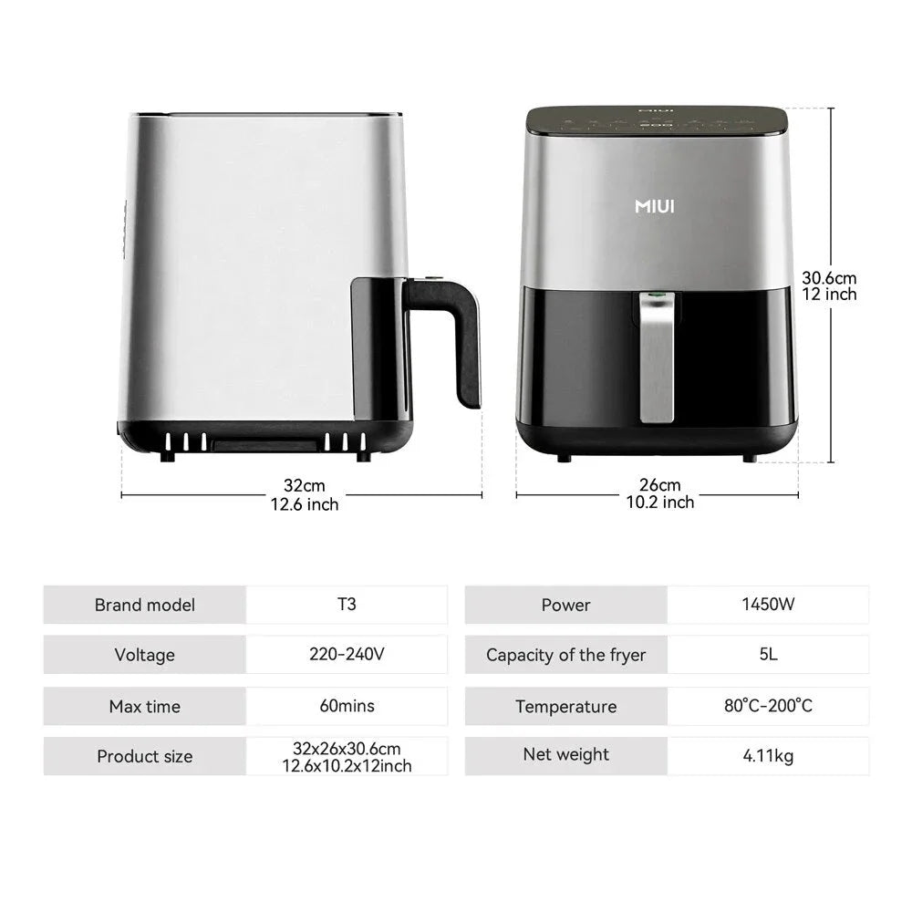 A powerful, family-sized air fryer with a touchscreen control panel and a transparent window for monitoring cooking progress.