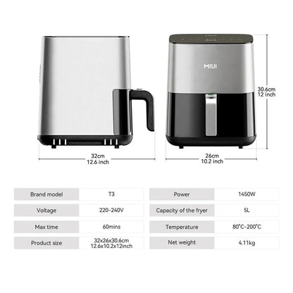 A powerful, family-sized air fryer with a touchscreen control panel and a transparent window for monitoring cooking progress.