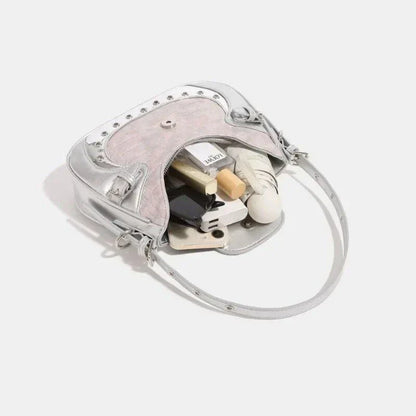 Premium Gothic Silver Patchwork Handbag with Versatile Strap and Reliable Zipper Closure