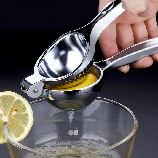 A high-quality manual lemon squeezer made of stainless steel for extracting fresh citrus juice