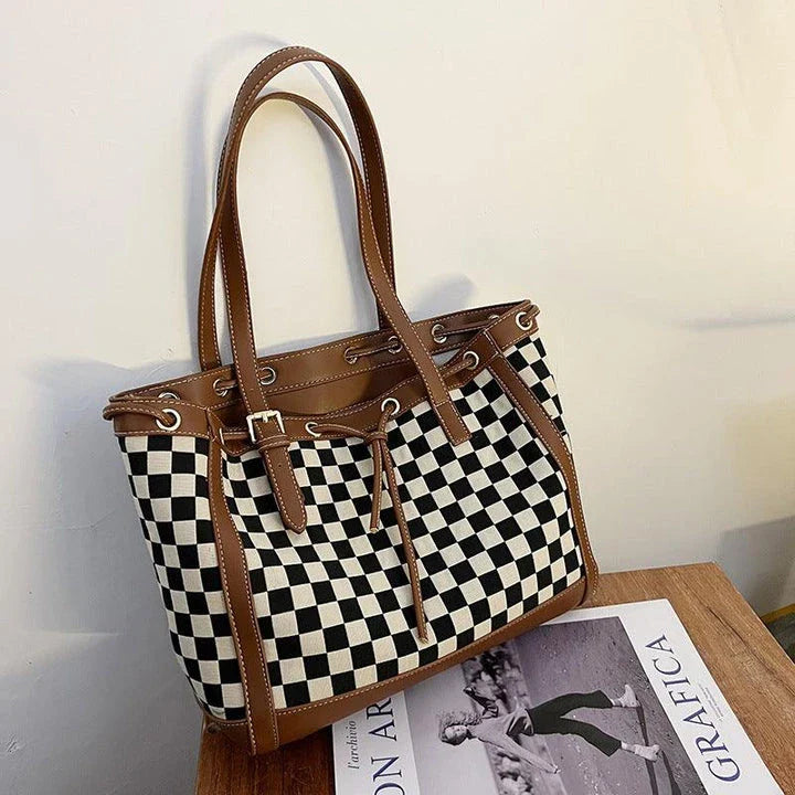 Stylish contrast colour tote bag with chic checkerboard design, made from premium PU leather for durability and versatility