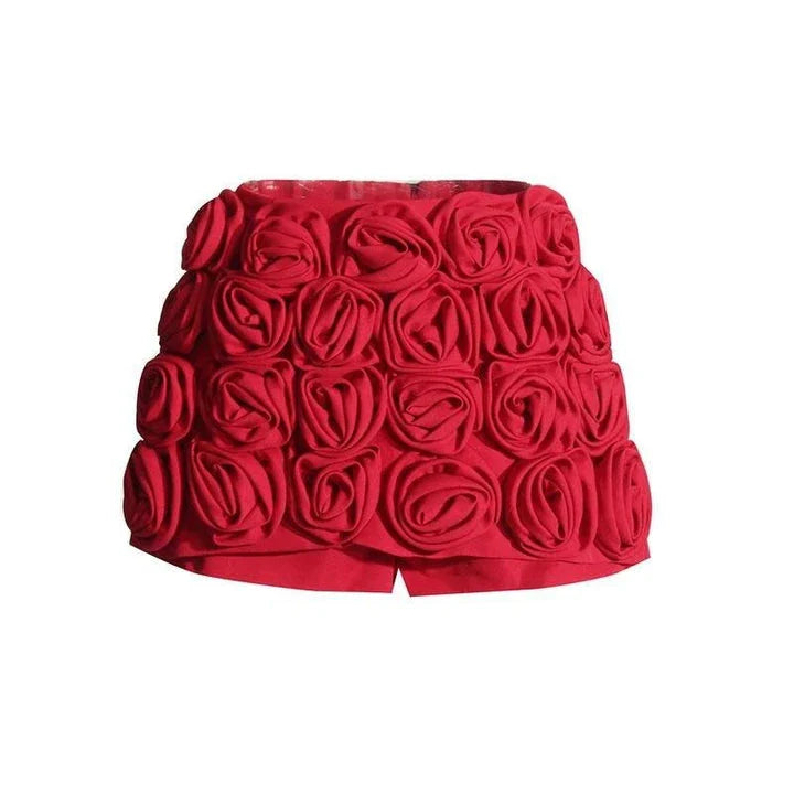 Premium High-Waist Patchwork Applique Slimming Shorts for Women in Red, featuring a flattering silhouette and unique feminine design.