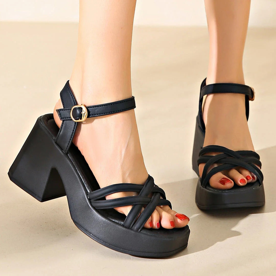 Stylish chunky high heel platform sandals for fashionable women in the UK, featuring a secure buckle closure and available in black, beige, and apricot colours.