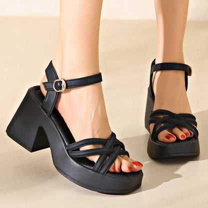Stylish chunky high heel platform sandals for fashionable women in the UK, featuring a secure buckle closure and available in black, beige, and apricot colours.