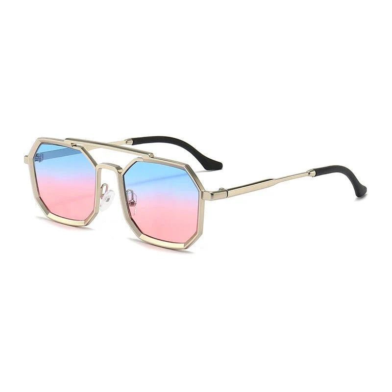 Stylish polygonal double bridge sunglasses with metal frames and mirror-coated lenses for men and women