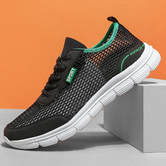 Breathable men's sports shoes with mesh design, available in blue, black, and gray colours