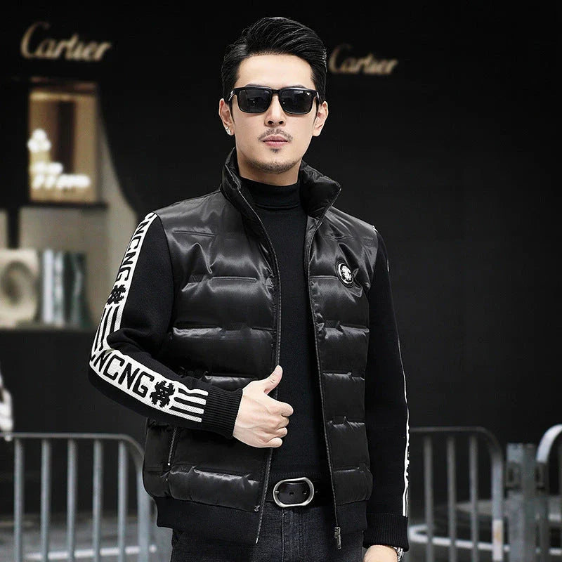 Warm and weatherproof men's down jacket with stand collar and knitted sleeves, made from premium polyester fibre and filled with luxurious duck down