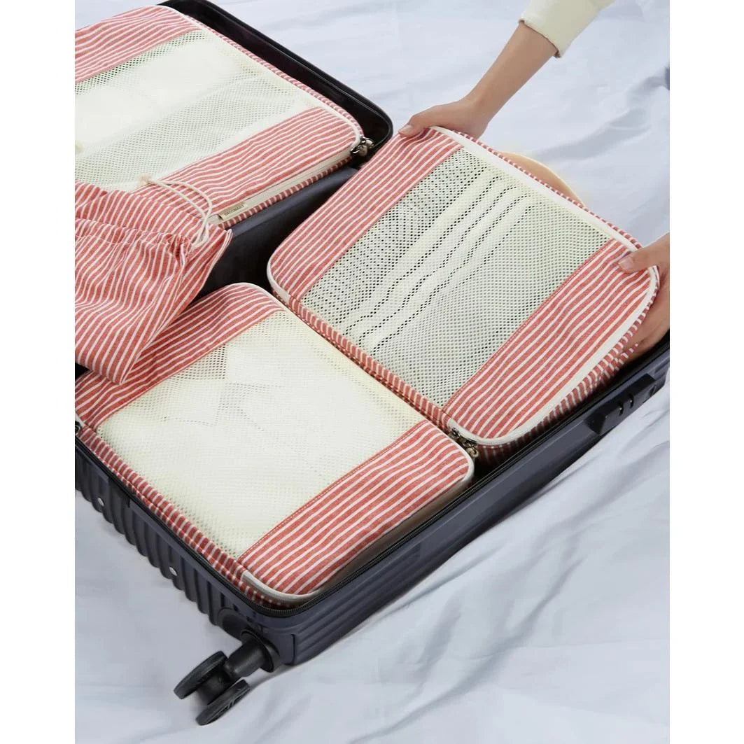 Eco-Friendly Foldable Travel Packing Cubes in Red, 6-Piece Set for Organised Packing