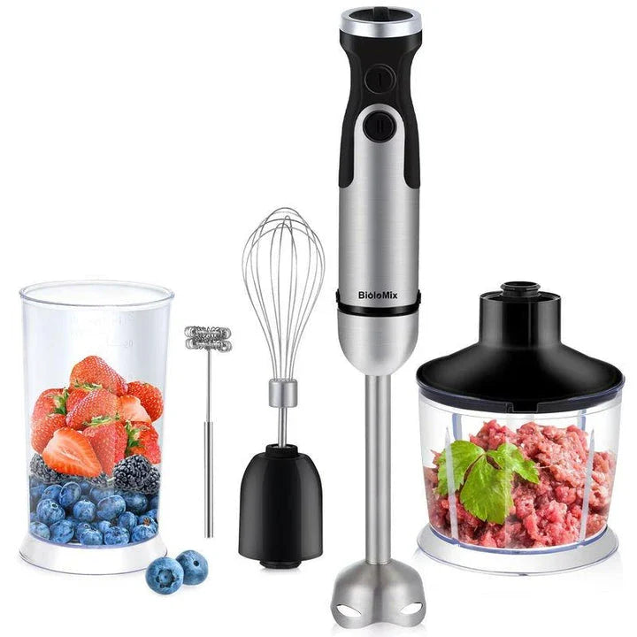 A powerful 1200W 5-in-1 immersion hand blender with stainless steel construction, various attachments, and a sleek design for efficient kitchen use.