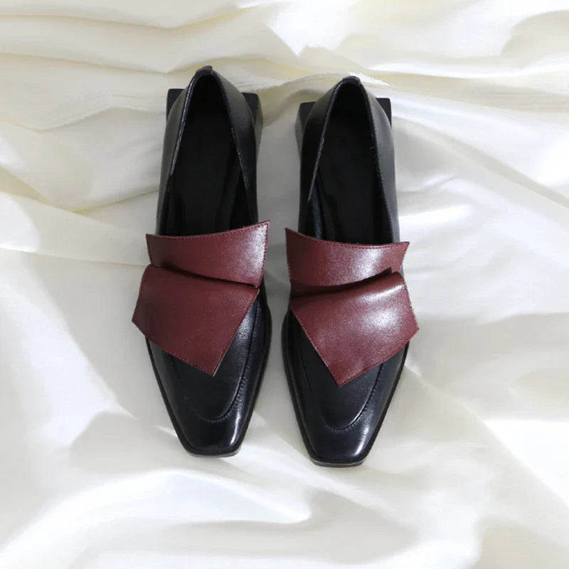Stylish leather sateen shoes with a vibrant colour-matching design and low-heel comfort