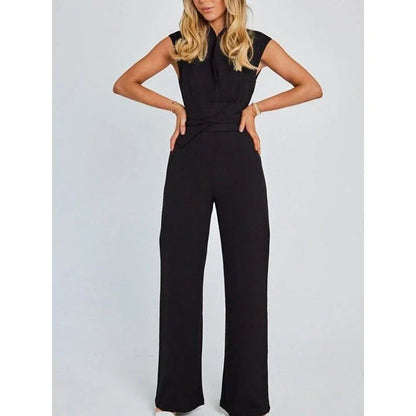 Elegant V-Neck Sleeveless Wide-Leg Jumpsuit in Khaki, a premium British fashion piece with a sophisticated design and versatile style.