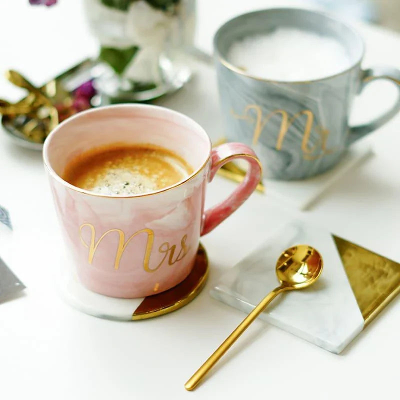 Elegant marble-inspired porcelain coffee mug with a sleek and sophisticated British design